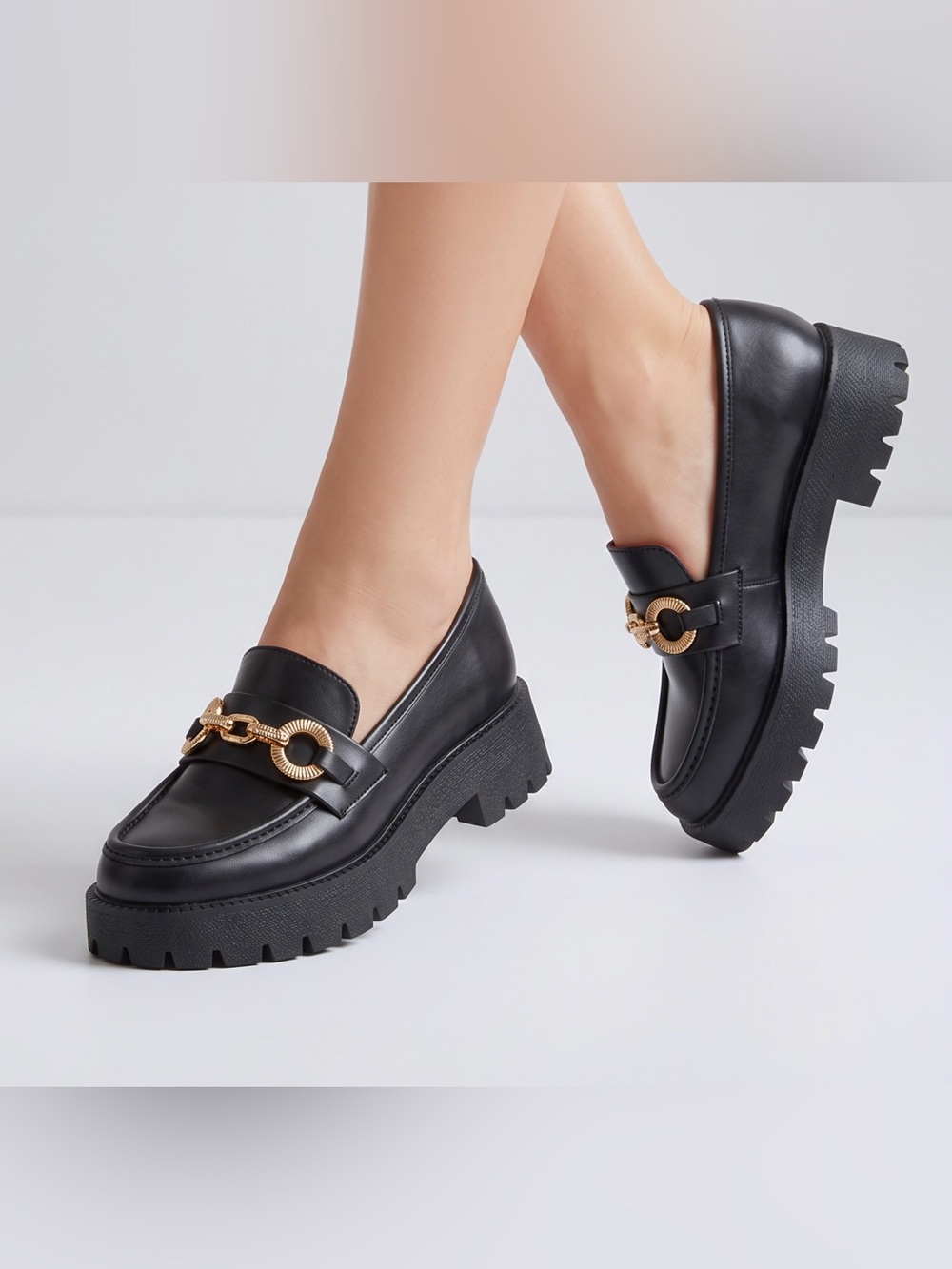 Zara Chunky Black Lug-Sole Loafers with Gold Chain Detail
